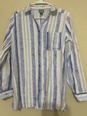 Chicos Blue Beige & White Striped Blouse Women’s Size 1 US Size 8/10 Button Down - Image 1 of 4