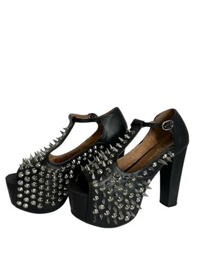 JEFFREY CAMPBELL Foxy Spike Black Platform Strappy Studded Heels - US Womens 8M - Image 1 of 4