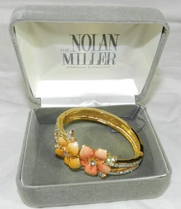 New w/ Box - Nolan Miller Peach enameled flowers and Crystal Clamp Bracelet - Picture 1 of 6