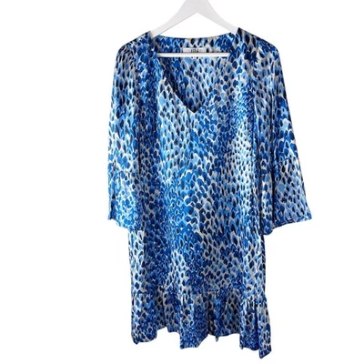 Vestido midi Tibi azul estampado abstracto seda volantes dobladillo talla 6 Foto 1 de 4