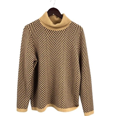 Lands' End 100% Cashmere Chevron Sweater Turtleneck Brown Tan Large L 14-16 - Image 1 of 4