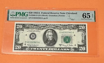 1963 A $20 Federal Reserve Note Cleveland FR 2066-D (DA Block) PMG 65 - Image 1 of 2
