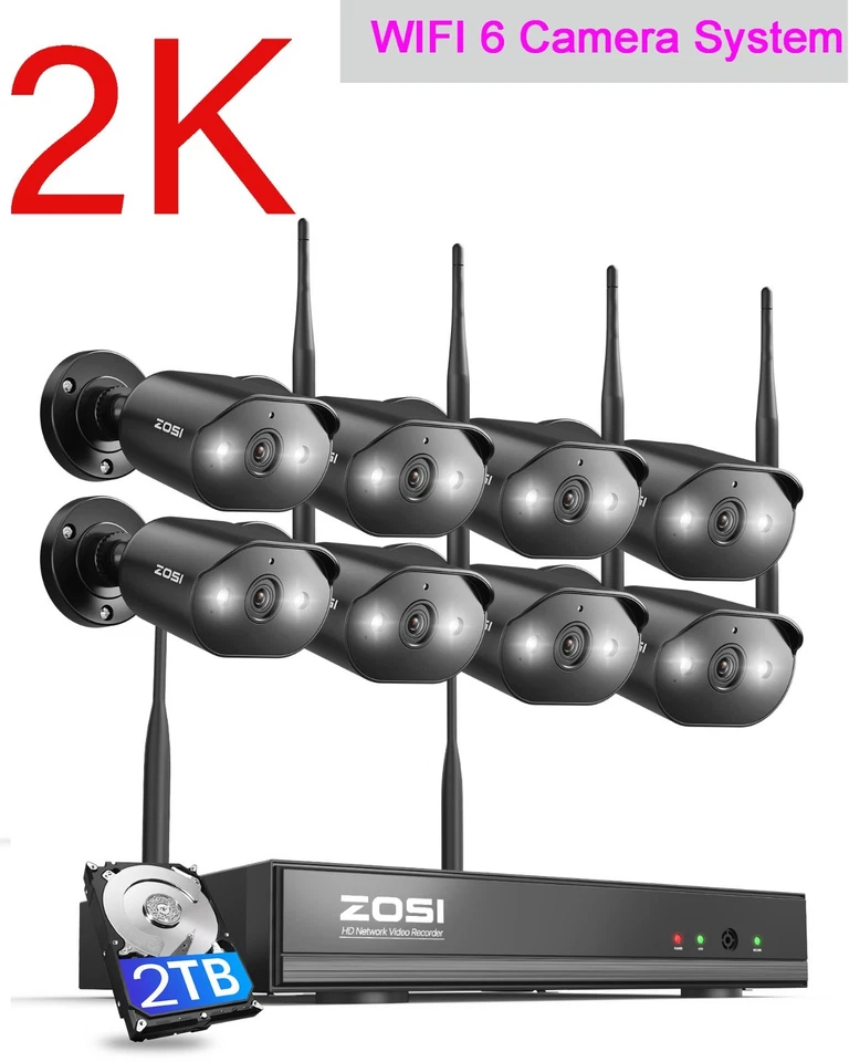 ZOSI 8CH 2TB NVR security 3MP 2k Wifi 6 Outdoor Camera System Color Night Vision