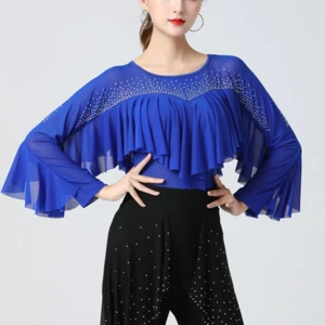 Lady Ballroom Tops Modern Dance Blouses Waltz Tango Ruffle Mesh Costume Fashion - Picture 1 of 14