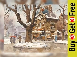 Snowy Village Street 5"x7" Print on Matte Paper | Charming Winter Day - Picture 1 of 7