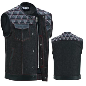 SOA Leather & Denim Biker Vest Band Collar Motorcycle Vest Concealed Gun Pocket - Picture 1 of 7