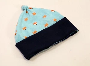 Baby beanie with Knot Hat 3-6 Month unisex blues with foxes - Picture 1 of 5