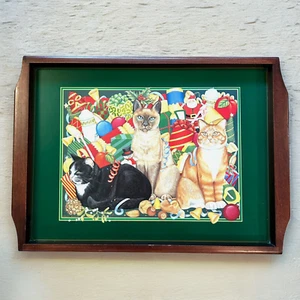 Cat Christmas Serving Tray Wood Lesley Hallas Ornaments Presents 11" x 17" - Picture 1 of 9