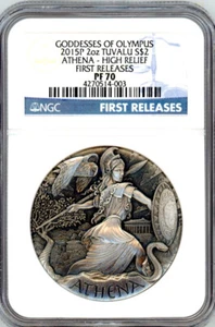 Moneda de plata en alto relieve Goddesses of Olympus Atenea 2015 2 oz NGC 70 FR - Imagen 1 de 6