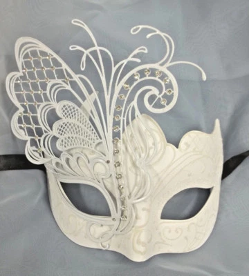 White Metal Filigree Wedding Dance Crystal Butterfly Masquerade Party Mask - Image 1 of 4