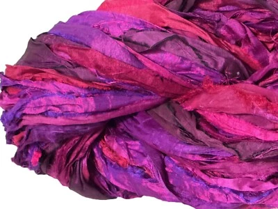 100g Recycled Sari Silk Ribbon Yarn Purple Pink iridescent shades - Image 1 of 3