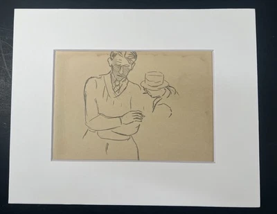 Vtg Pencil Drawing Man In Tie & Figures 8x10” Depression Era Art Sketch - Image 1 of 4