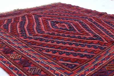 4x4 Vintage Red Handmade Kilim Rug Organic Wool Mishwani Woven Handwoven Ethnic - Image 1 of 4