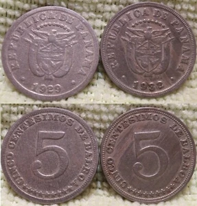 1929 & 1932 Panama 5 Centesimos Choice KM-9 Two-Year Type (both years) - Picture 1 of 3