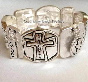 Serenity Prayer Bracelet Silver Plated Message AA Al-Anon NA Adjustable Stretch - Picture 1 of 12