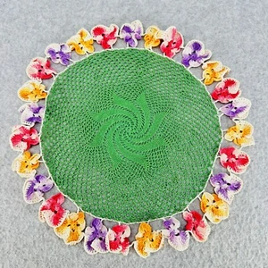 Pansies Doily Handmade Crochet Green Colored Pansy Flowers 11 in Across - Picture 1 of 7