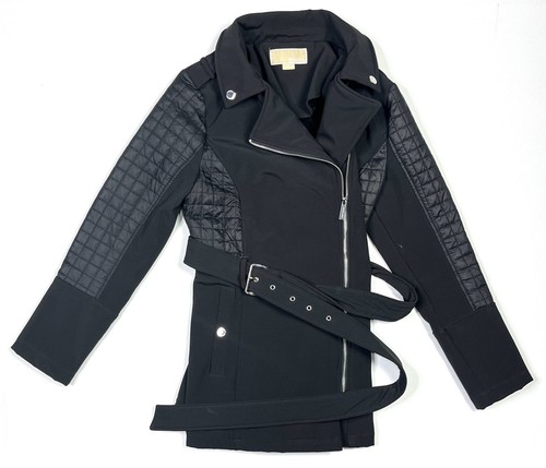 Michael Kors Giacca Donna Medio Nero Asimmetrico Cappotto Cerniera Cravatta Vita Moto