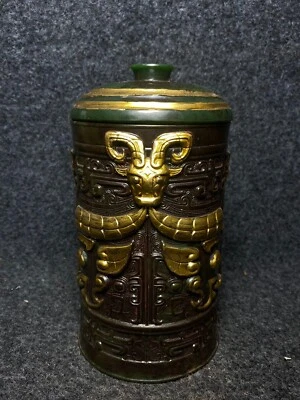 Tarro de té de murciélago dorado de jade antiguo de 8,2" de la antigua China de alta 高古玉茶叶罐 Foto 1 de 4