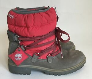 TIMBERLAND Fleece Lined 650 Boots Winter Ankle Red Gray Suede Nubuck Sz 7.5