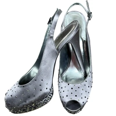 STUART WEITZMAN Silver Satin Peep Toe Crystal Embellished Slingback Pump 9.5 EUC - Image 1 of 4