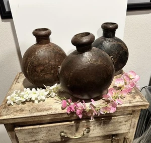 Antique Iron Flower Pot, Matka Pot Hand Crafted Old Original Garden . Set of 3  - Picture 1 of 12