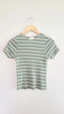 Camiseta de bebé Bonnie Jean vintage años 70 azul marrón a rayas manga corta S Foto 1 de 4