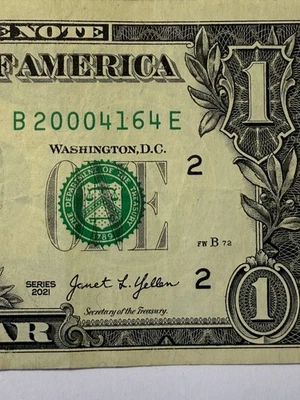 2000 Year Note One Dollar Bill $1 Fancy Serial Number B20004164E Series 2021 - Image 1 of 4