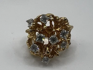 Vtg Clear Rhinestone Brutalist Cocktail Ring 18k Gold Electric Plated Size 6 - Picture 1 of 8