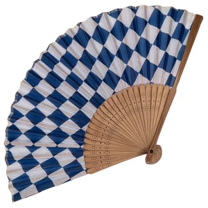 VTG Japanese Sensu Folding Fan Die-Cut Smoked Bamboo & Blue & White Check Fabric - Picture 1 of 3