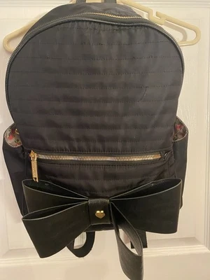Betsey Johnson Black Bow Front Heart Quilted Backpack Purse Bag Faux Leather  - Image 1 of 4