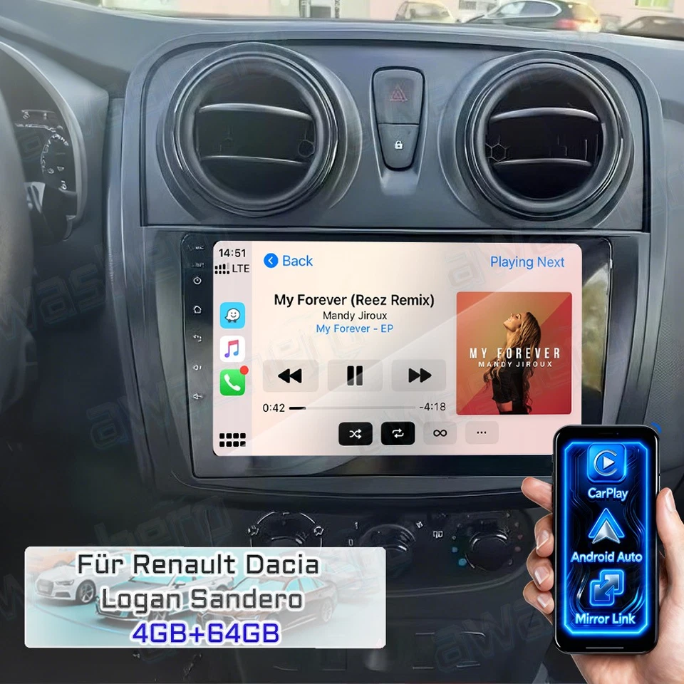 AWASHERO 4+64GB Android 15 Autoradio Für Dacia Logan Sandero 2 CarPlay GPS Navi FM RDS BT