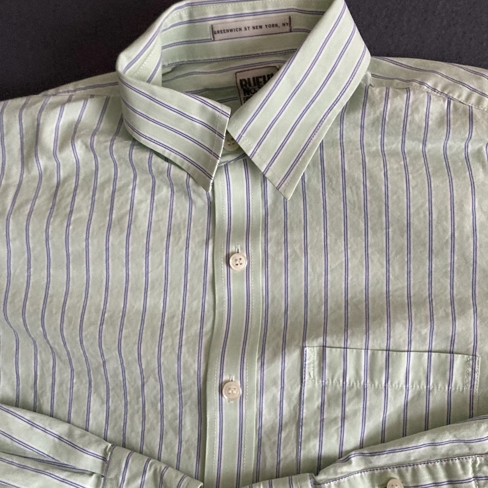 Camisa Ruehl Nº 925 Para Hombre Grande Verde Azul Rayas Manga Larga Algodón Abotonado Foto 1 de 4