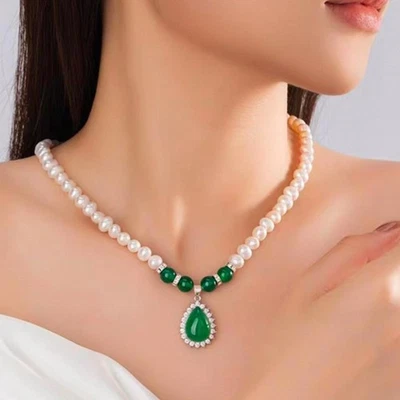 Women's Elegant Pearl Necklace Teardrop Imitation Jade Pendant Necklace - Image 1 of 4