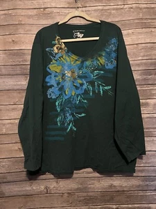 JMS Just My Size Damen-T-Shirt 5X grün V-Ausschnitt bunt Blumenmuster langärmelig - Bild 1 von 9