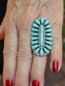New LONG Navajo Size 7 Ring by D. Benally Sterling & Block Turquoise 10.2 grams - Picture 1 of 10