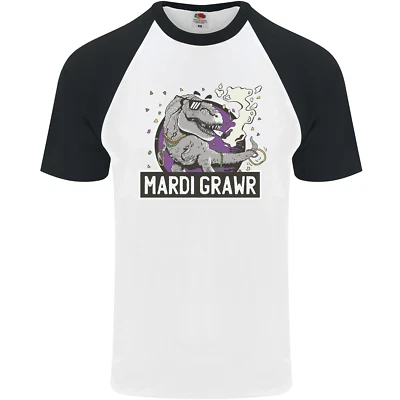 Funny T-Rex Mardi Gras Grawr Dinosaur Mens s/S Baseball T-Shirt - Image 1 of 4