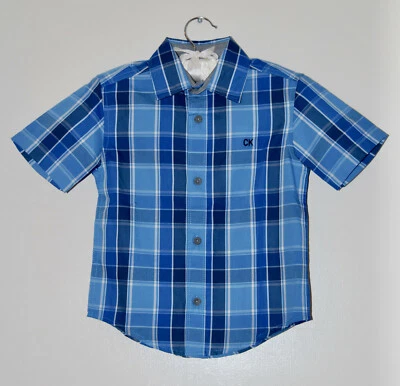 NWT Calvin Klein Little Boys Blue Plaid Woven SS Button-Down Shirt sz 6 - Image 1 of 4