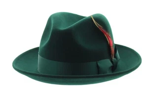 Men's Dark Green wool crushable hat Satin Band/lining round brim bow & feather. - Picture 1 of 1