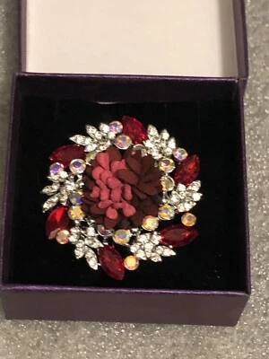 Red Rhinestone Floral Brooch Silver-tone Fiber Center Flower - Image 1 of 4