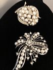 TWO Vintage Silver-Tone Faux Pearl Cluster Brooch/Pins