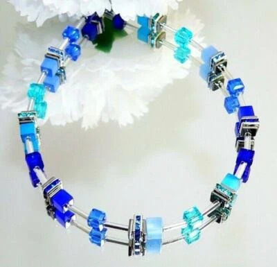 Armband Perlen Würfel Cat Eye Kristall Glas facettiert  blau strass 502. - Bild 1 von 4
