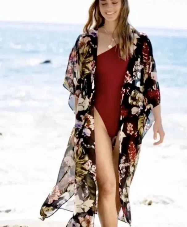 Walter Baker Tulum Caftan One Size O/s Black Floral Tropical