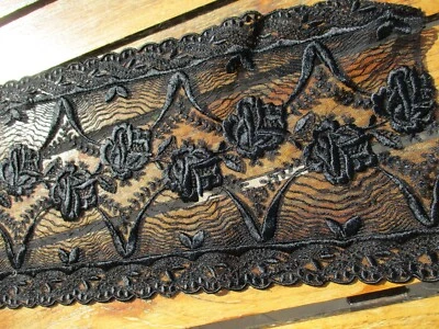 large entre-deux  dentelle tulle coton noir brodé ancien 1910-1920 - Photo 1/4