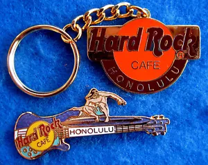 HONOLULU ORANGE HRC LOGO KEYCHAIN & SURFER SURFBOARD BASS GUITAR Hard Rock Cafe - Picture 1 of 1