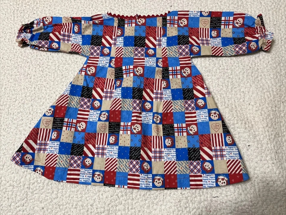 Vestido camisero manga larga Raggedy Ann and Andy de los años 80 hecho a mano nuevo sin etiquetas 2-3T. Foto 1 de 4