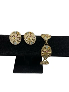 Vintage Sarah Coventry Bracelet Earrings Gold Tone Sultana Confetti Rhinestone - Picture 1 of 12