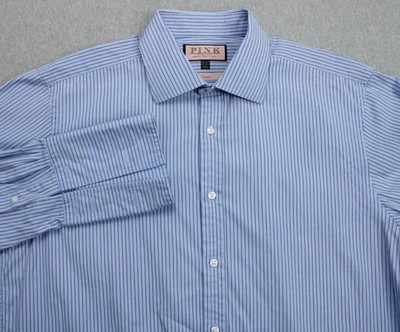 Camisa Thomas Rosa Para Hombre 16.5-36.5 Azul Rayas 100% Algodón Puño Francés Vestido Foto 1 de 4