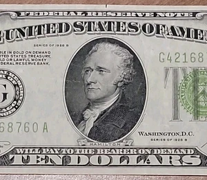 1928 B $10 FEDERAL RESERVE NOTE =UNC CHICAGO= REDEEMABLE IN GOLD ON DEMAND - Picture 1 of 9