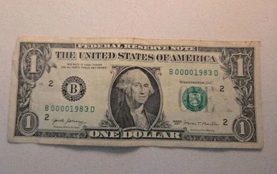2017 $1 Dollar Bill  SN# B00001983D  1983 Dollar - Image 1 of 4