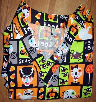 Blusa esfoliante de algodão preta feita à mão patchwork Halloween tamanho 2X (busto 44-46) - Imagem 1 de 4